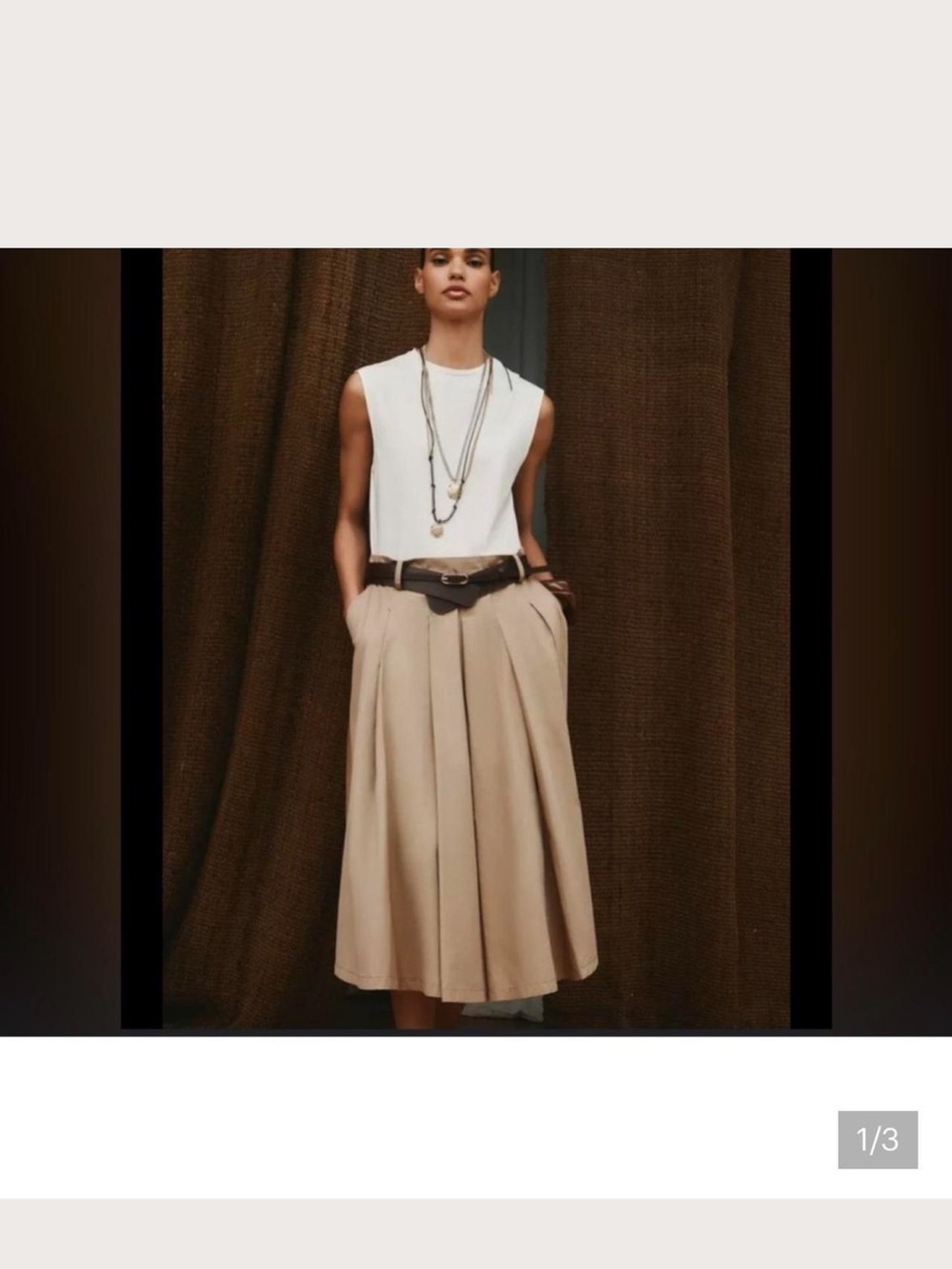 Zara White Sleeveless Top with Beige Midi Skirt